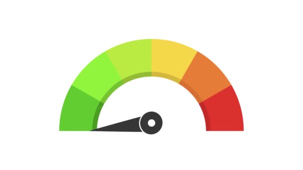 Icono del velocímetro o signo de diferentes colores con flecha negra. Medición de rendimiento. Medidor de valoración. Icono del indicador. 4K video gráfico de movimiento — Vídeos de Stock