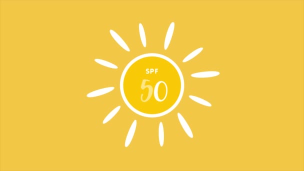Índice UV de protección solar, signo spf 50 sobre fondo amarillo. Concepto de protección solar. 4K video gráfico de movimiento — Vídeo de stock