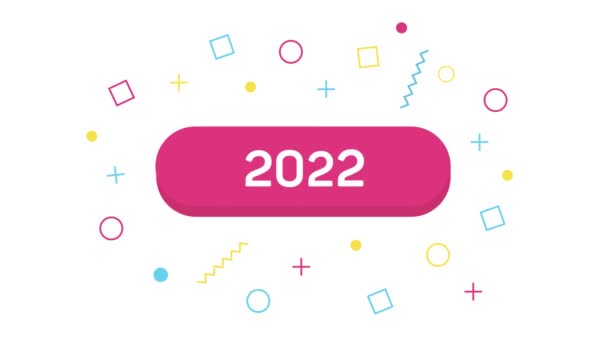 Animation text 2022 av trendiga memphis banner i platt stil med geometriska former. Banner, affisch och klistermärke. 4K Video rörelse grafisk — Stockvideo
