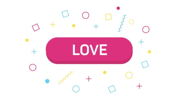 Animációs szöveg Love text of trendy memphis banner in flat style with geometric shapes. Banner, poszter és matrica koncepció. 4K Videó mozgókép — Stock videók