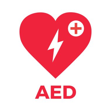 - AED. Otomatik dış defibrilatör. Kalp ve elektrik sembolü düz vektör simgesiyle AED işareti