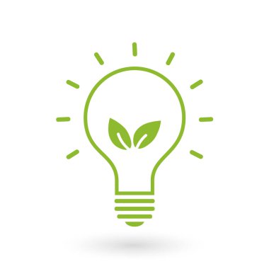 Beyaz arka planda yeşil yapraklı elektrik ampulünün yeşil çizgisi. Düz çizgi simgesi. Yeşile git. Çevre dostu. Dünya çevresi günü. Vektör