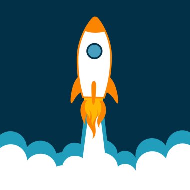 Rocket flying over cloud. Rocket launch icon. Vector illustration with flying shuttle. Space travel. Space rocket launch. New project start up concept. Creative idea. Vector clipart