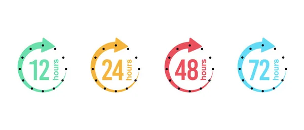 12, 24, 48 and 72 hours clock arrow. Vector work time effect or delivery service time icons — Stock Vector