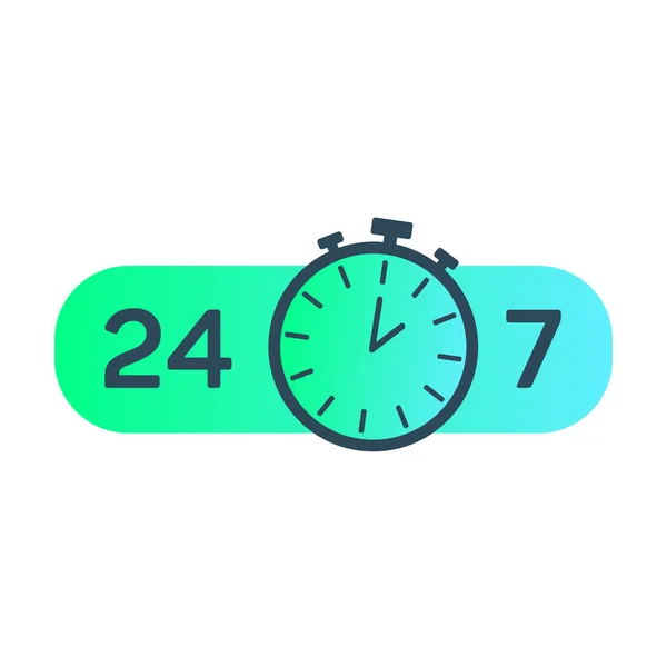 24-7 dienst. 24 uur per dag en 7 dagen per week service icoon. Ondersteuning service concept met stopwatch en nummers 24-7. Vector — Stockvector