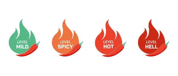 Pittige chili peper heet vuur vlam pictogrammen. Vector kruidige voedsel niveau pictogrammen, milde, kruidige, hete, hel peper saus vuur vlam. Vectorontwerp — Stockvector