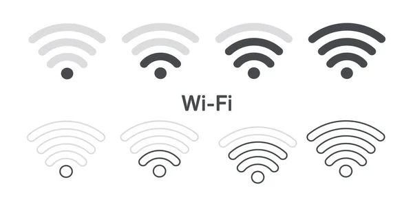 Wifi-ikoner inställda. Internetikoner. Trådlös internetsymbol. Uppsättning tecken för anslutning av nätverk. Bar av satelliter för mobil, radio, dator. Wi-Fi-signal. Vektor — Stock vektor