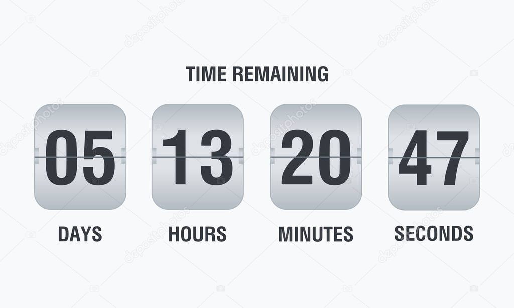 Flip countdown clock counter timer. Vector time remaining count down flip board with scoreboard of day, hour, minutes and seconds for web page upcoming event template design. Vector
