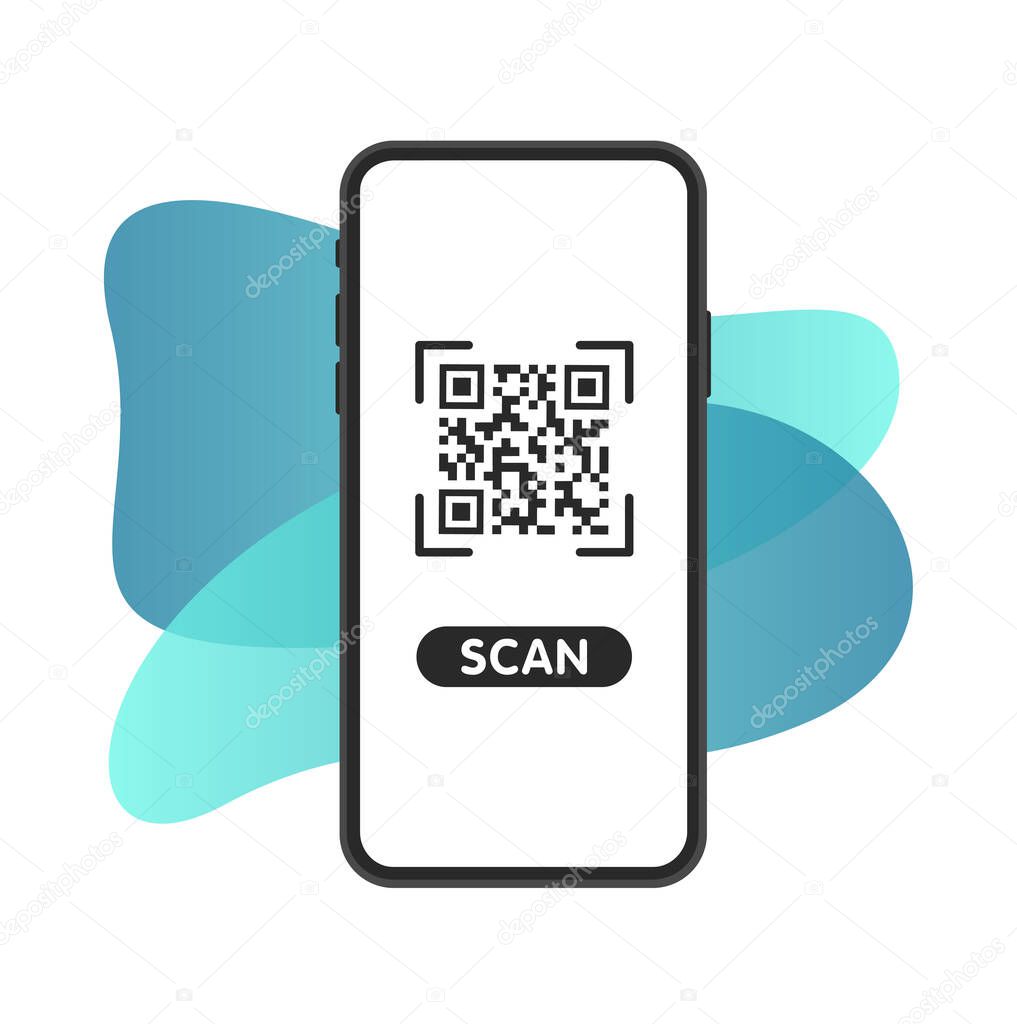 Scan QR code on smartphone. Sample Qr code for scanning. Qr verification. Scan me inscription tag. Vector illustration