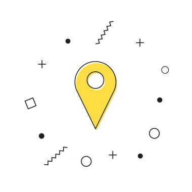 Konum simgesi vektörü. Beyaz arkaplanda geometrik şekilli sarı harita pin simgesi. GPS konum sembolü. Vektör