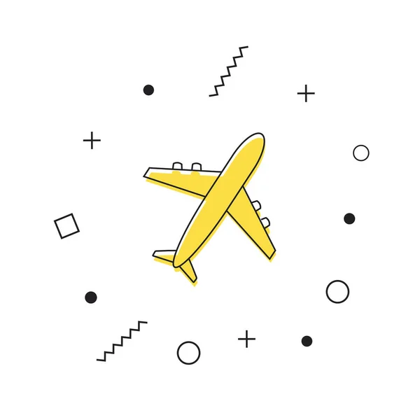 Icono de avión vector. Icono plano amarillo con formas geométricas sobre fondo blanco. Símbolo de transporte. Ilustración de viajes. Vector — Vector de stock