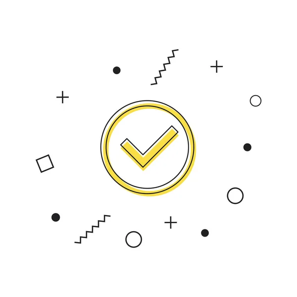 Marca de verificación vector icono. Icono de marca de verificación amarillo en un círculo con formas geométricas sobre fondo blanco. Marca el símbolo. Vector — Archivo Imágenes Vectoriales