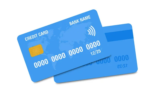 신용카드 아이콘 앞 뒤 로. 화이트 배경에 세계 지도가 있는 실제 블루 크레디트 카드. Vector — 스톡 벡터