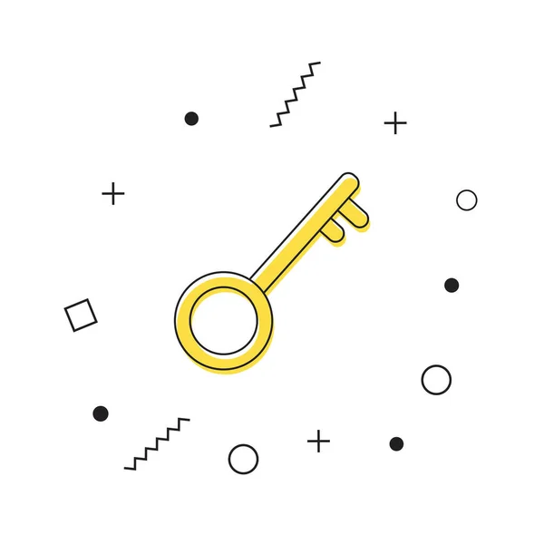 Schlüsselsymbol-Vektor. Gelbes Schlüsselsymbol mit geometrischen Formen auf weißem Hintergrund. Werkzeugsymbol freischalten. Vektor — Stockvektor