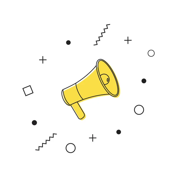 Megáfono vector icono. Icono de megáfono amarillo con formas geométricas sobre fondo blanco. Altavoz. Vector — Archivo Imágenes Vectoriales