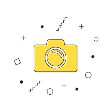 Fotoğraf makinesi düz stil. Beyaz arkaplanda geometrik şekilli sarı kamera simgesi. Vektör