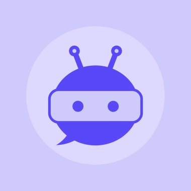 Mor konuşma baloncuğu içindeki robot. Konuşma balonunda sevimli robot ikonu. Destek robotu. Vektör