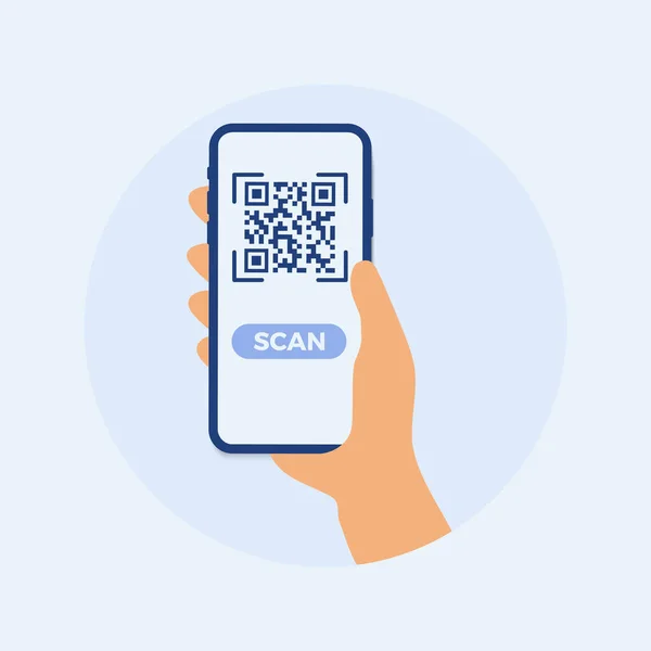 Smartphone mockup in human hand. Scan QR code. Vector flat colorful technology illustration — Stock Vector
