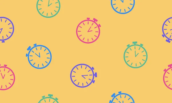 Kleurrijke lijn stopwatch pictogram geïsoleerd naadloos patroon op gele achtergrond. Tijdklok teken. Chronometerteken. Vector — Stockvector