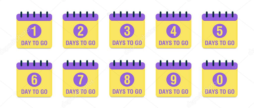 Countdown 1, 2, 3, 4, 5, 6, 7, 8, 9, 0 days to go. Countdown timer. Calendar icon. Time icon. Count time sale. Vector stock
