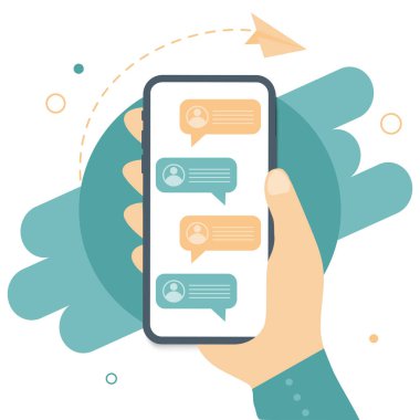 Modern düz telefon tarzında akıllı bir el. SMS konsepti olarak mesaj gönderme veya alma. İnternetten konuşuyorum. Sosyal ağlar, iletişim. Vektör illüstrasyonu