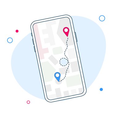 GPS navigasyonunu haritala. Akıllı telefon haritası uygulaması ve ekranda kırmızı nokta. Uygulama haritası navigasyonu, satır haritaları arka planında izole. Vektör illüstrasyonu