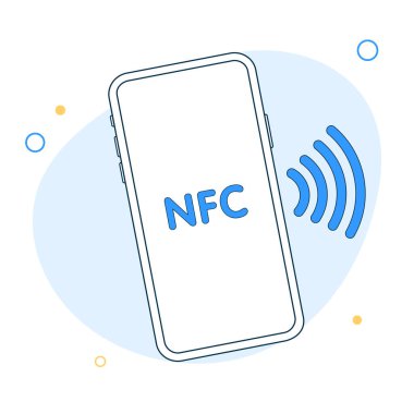 NFC teknoloji vektör simgesi. Telefon, akıllı telefon, basit çizgi işareti. Field Communication NFC ödeme konseptine yakın. Düz dizayn. Vektör illüstrasyonu