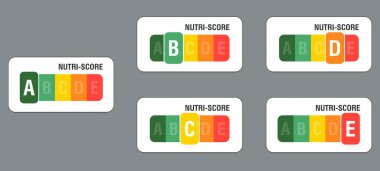 Paketleme tasarımı için Nutri puanı. Logo, simge, etiket. Vektör stok illüstrasyonu