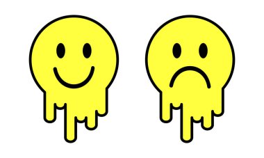 Eriyen gülümseme. Damlayan gülümseme. Gülümse ikon. Sarı gülümseme. Keyfin yerinde. Pozitif emoji. Akan sıvı. Üzgün surat. Vektör emojisi. Emoji Vektör illüstrasyonuna bak