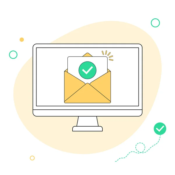Sprawdź Dokument Znaku Kopercie Pocztowej Zatwierdzona Wiadomość Mail Ekranie Komputera — Wektor stockowy