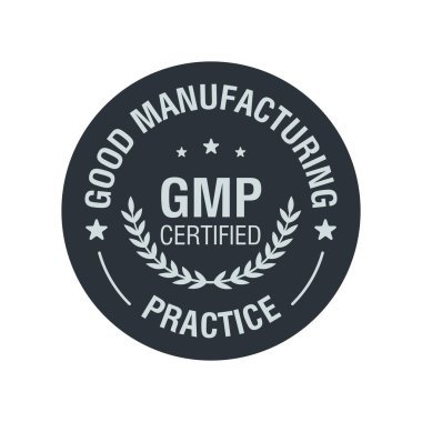 GMP. İyi İmalat Uygulaması beyaz arka planda onaylı yuvarlak pul. Vektör illüstrasyonu