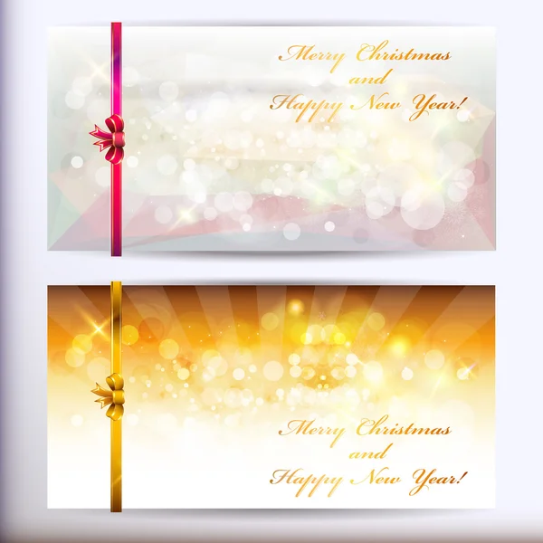 Christmas greeting cards with gold bows. — Stock Vector