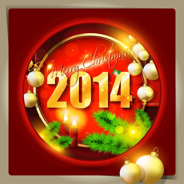 Bonne année carte ou fond avec flocons de neige, arbre, étoiles, boules et bougies — Image vectorielle