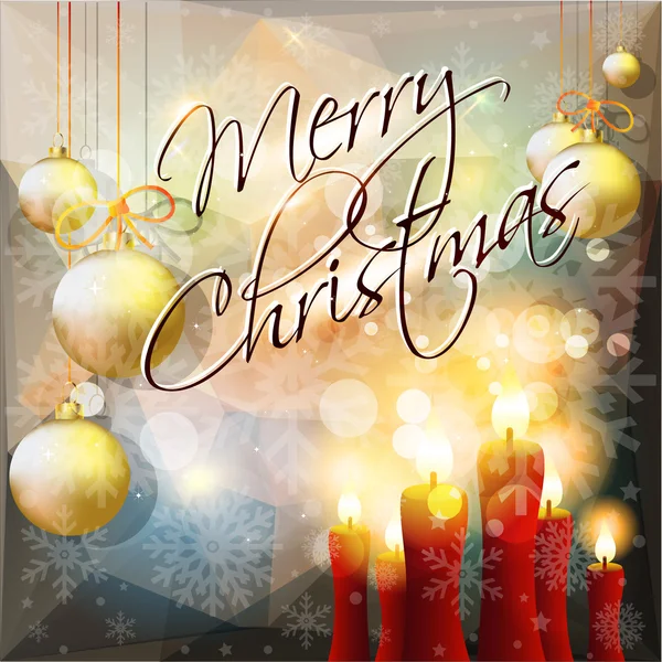 Καλά Χριστούγεννα κάρτα με κορδέλες, κεριά, νιφάδες χιονιού, μπάλες — Διανυσματικό Αρχείο