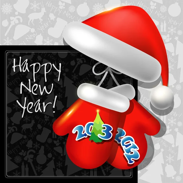 Felice anno nuovo scheda vettoriale o sfondo con nastri, cappello di Babbo Natale , — Vettoriale Stock