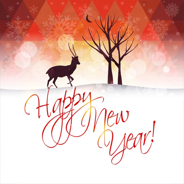 Cartão de Feliz Ano Novo com flocos de neve, veados, árvore e lua — Vetor de Stock