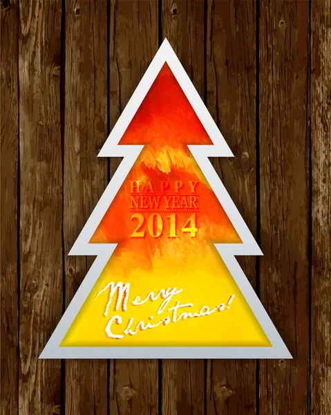Happy new year en merry christmas card op hout achtergrond — Stockvector