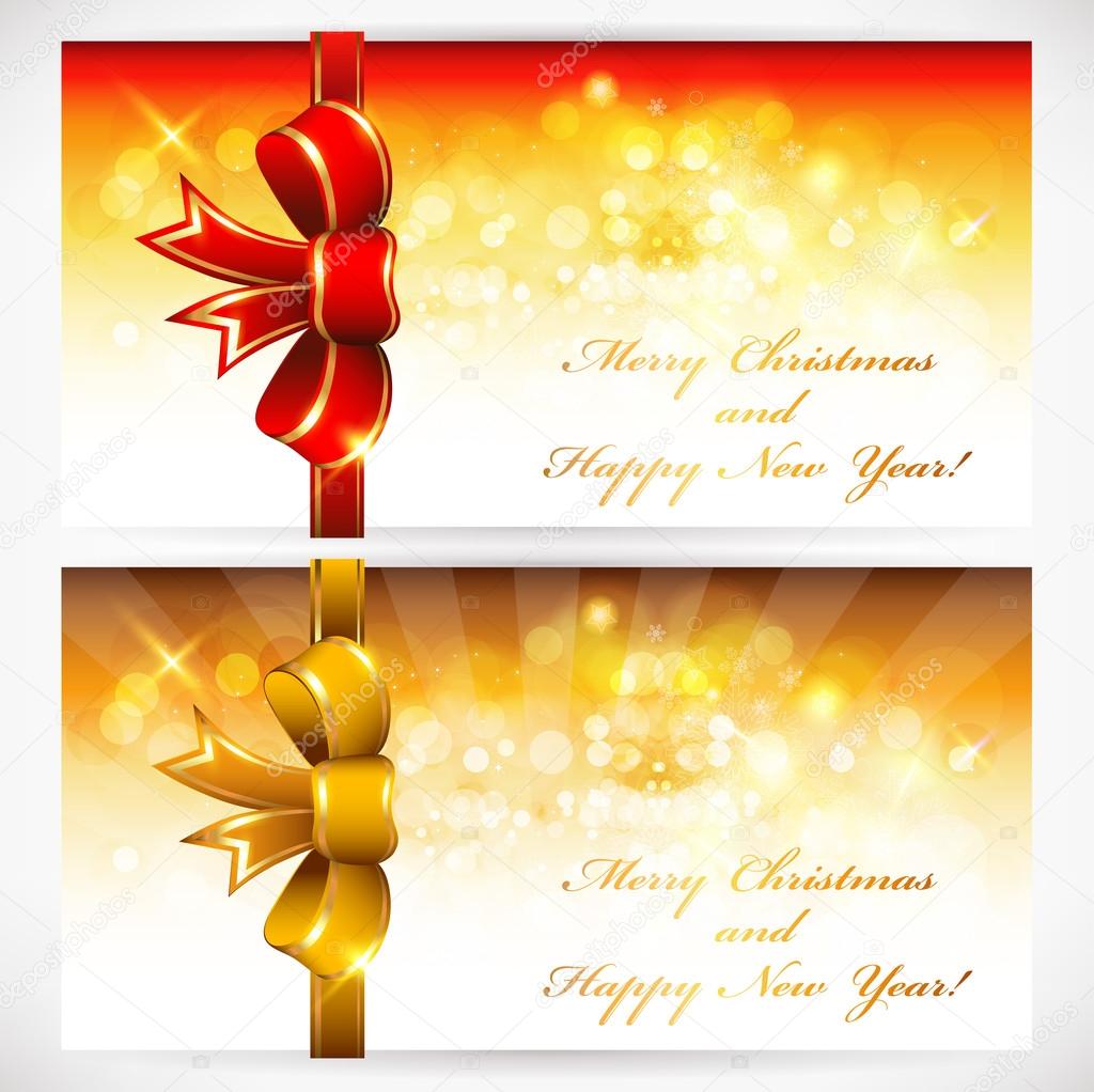Christmas greeting cards with gold bows.