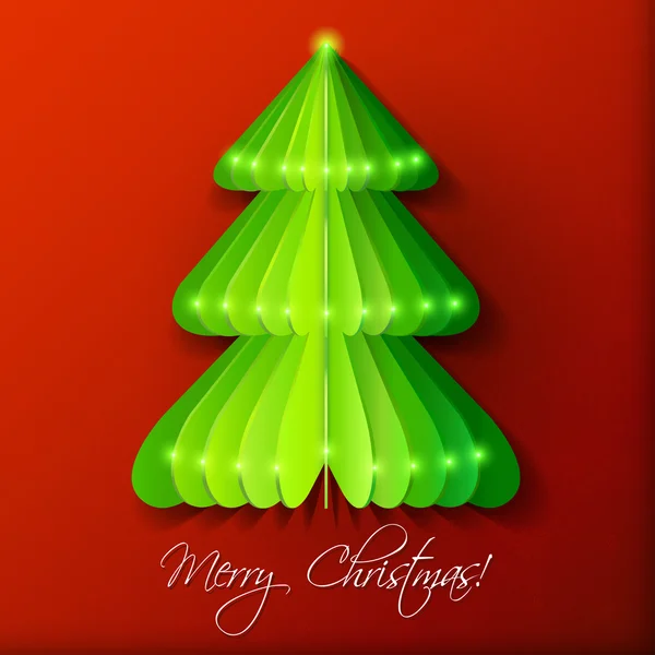 Kırmızı arkaplanda yeşil origami Noel ağacı tebrik kartı — Stok Vektör