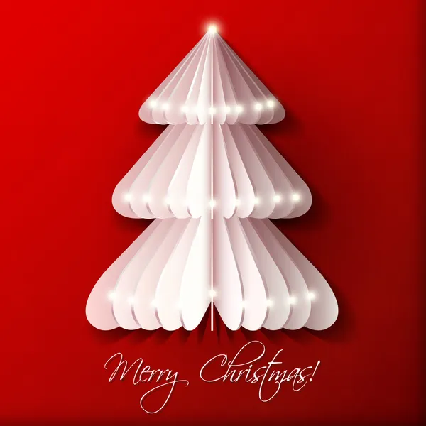 White origami Christmas tree greeting card with red background — Stock Vector