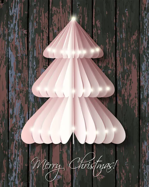 White origami Christmas tree greeting card with wood background. — Stock Vector