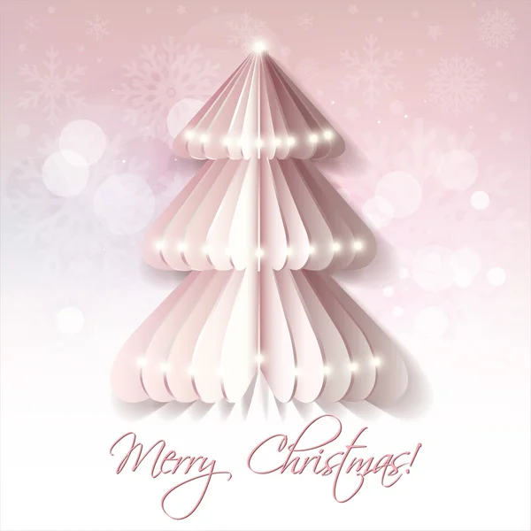White origami Christmas tree greeting card with pink background — Stock Vector