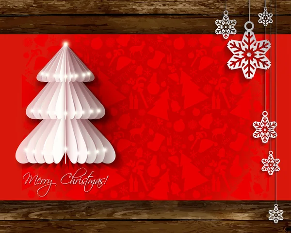 White origami Christmas tree greeting card with red background — Stock Vector