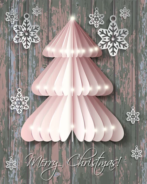 Carte de voeux sapin de Noël origami blanc sur fond bois avec flocons de neige . — Image vectorielle