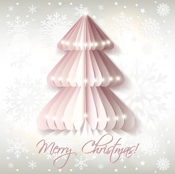 Hvid origami juletræ lykønskningskort med baggrund med snefnug . – Stock-vektor