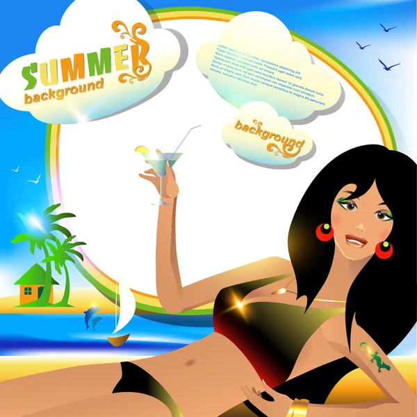 Summer card with girl with cocktail. — Stock Vector