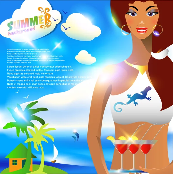 Summer card with girl with cocktails. — Stock Vector