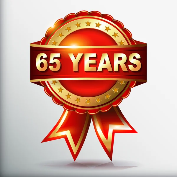 65 anos de etiqueta de ouro aniversário com fita — Vetor de Stock