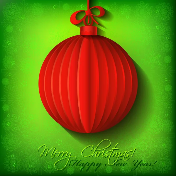 Red origami Christmas ball greeting card — Stock Vector