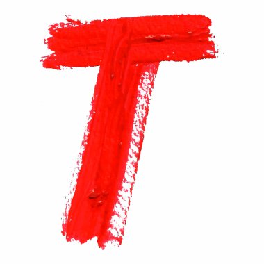 t - beyaz zemin üzerinde kırmızı el yazısı harfleri.